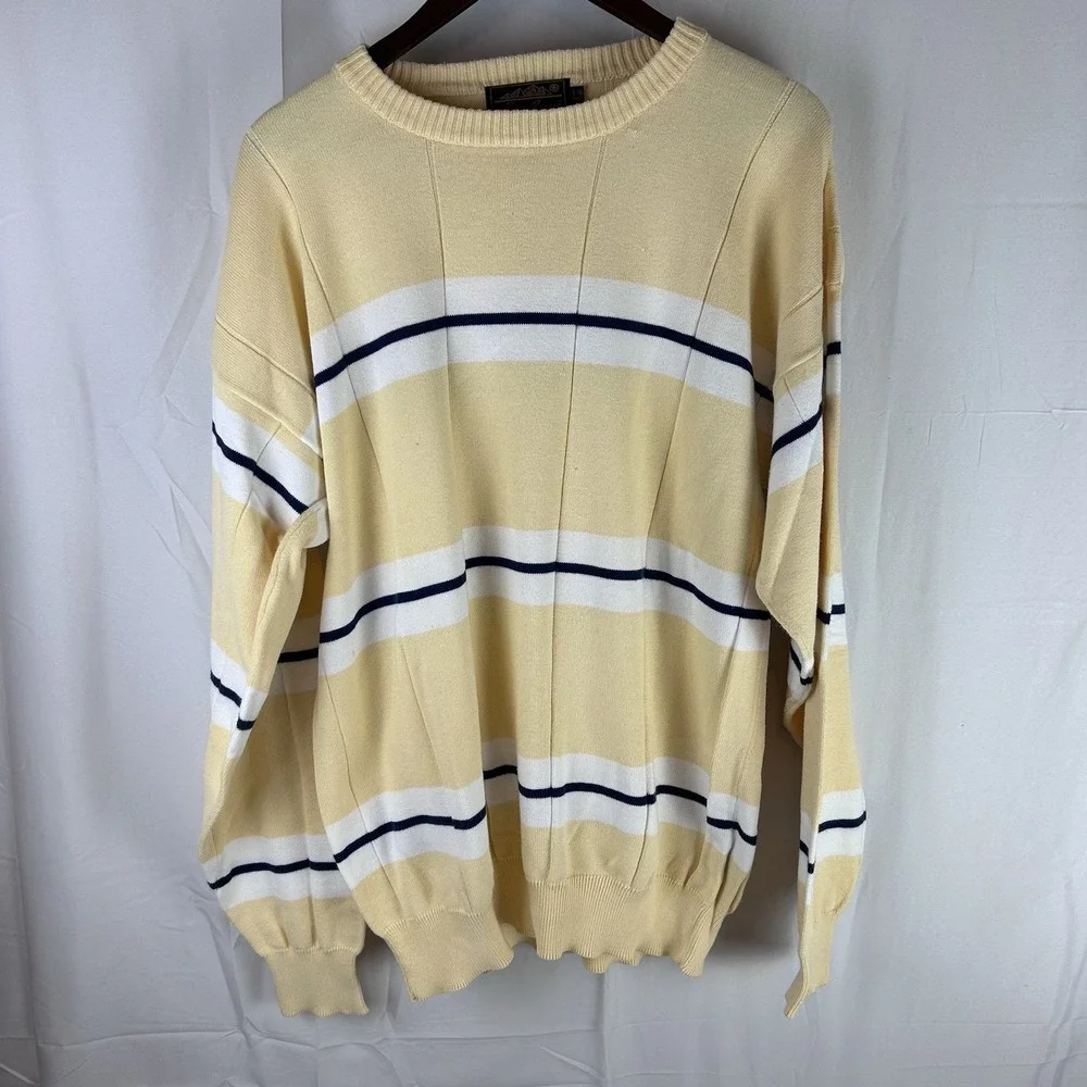 VTG 90s Eddie Bauer Striped Sweater Yellow Color Block Men's Size Large Tall - Picture 1 of 8